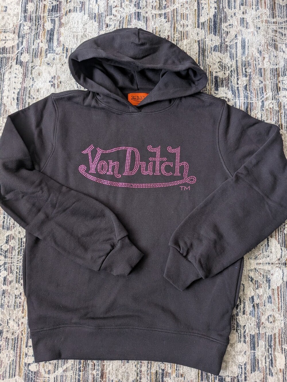 Von Dutch Rhinestone Logo Hoodie Black Pink Size Small NWOT Y2K